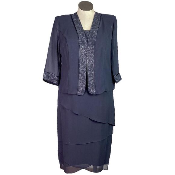 Maya Brooke Dress Jacket Set Women 16 Blue Tiered Sparkle 3/4 Sleeve Evening MOB - Picture 1 of 12